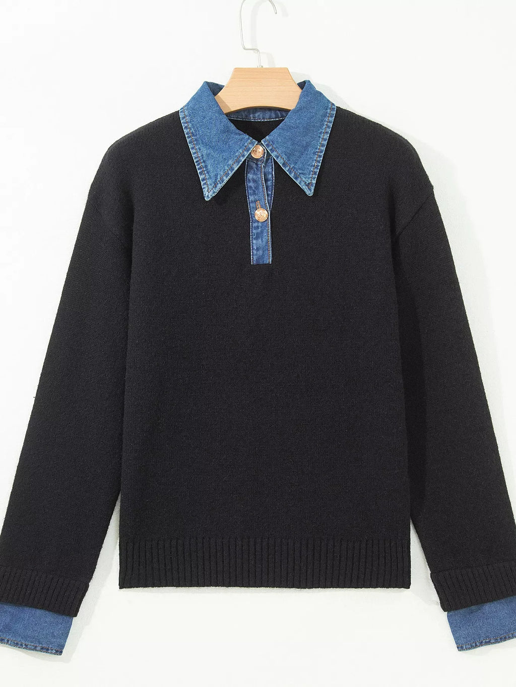 Denim Patchwork Collar Cuffed Casual Sweater