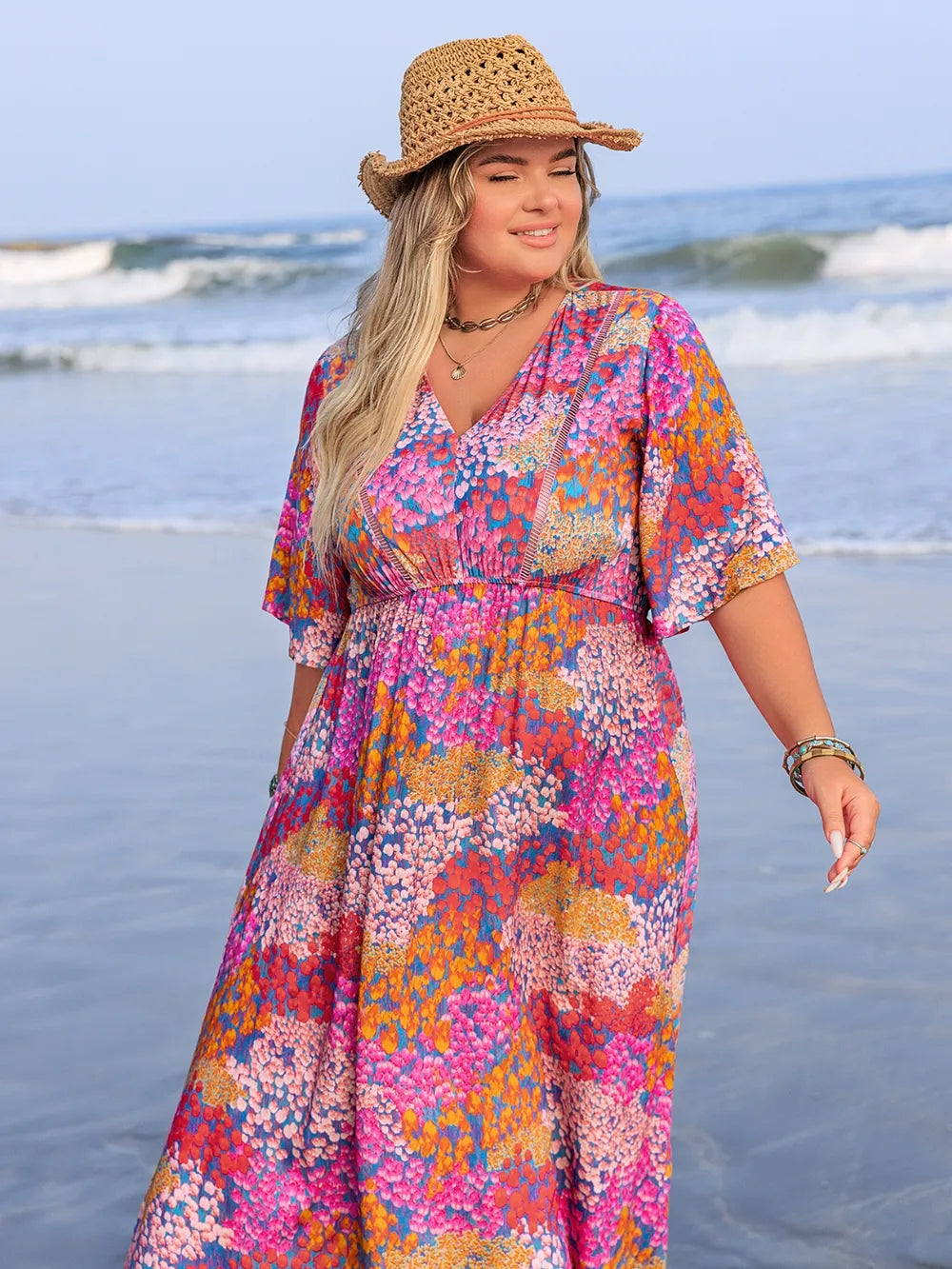 Printed V-Neck Half Sleeve Maxi Dress