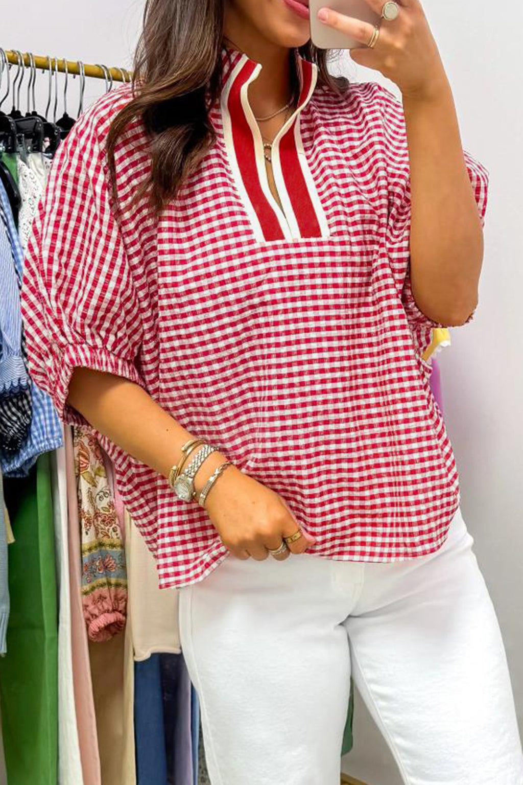 Green Plaid Short Sleeve Colorblock Trim Split Neck Blouse