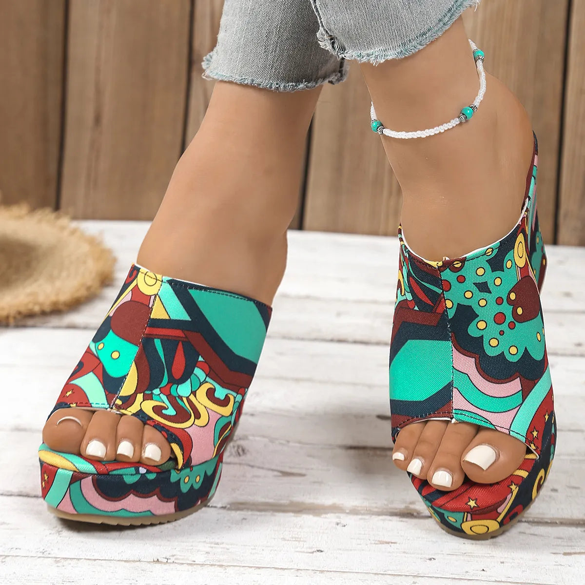 Printed Open Toe Wedge Sandals