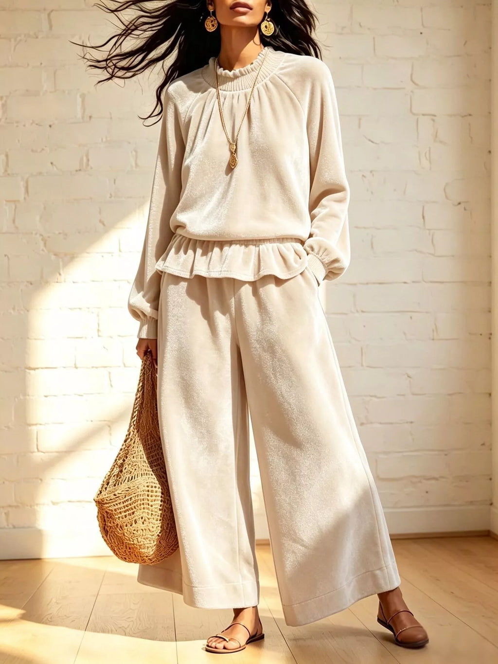 Velvet Peplum Top and Wide-Leg Pants Set