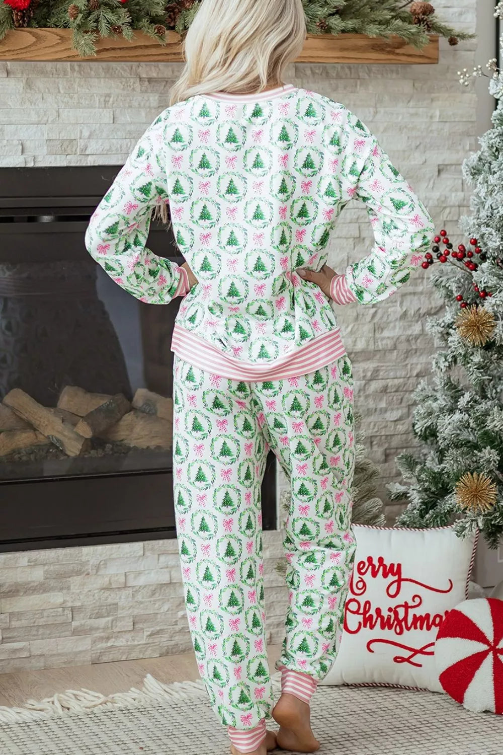 Christmas Tree Print Contrast Striped Banding 2pcs Lounge Set