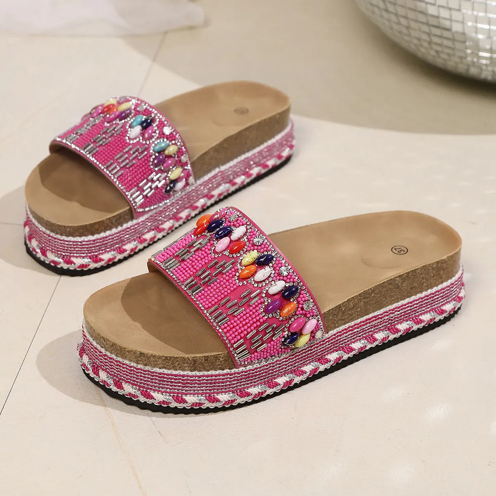Beaded Open Toe Platform Sandals