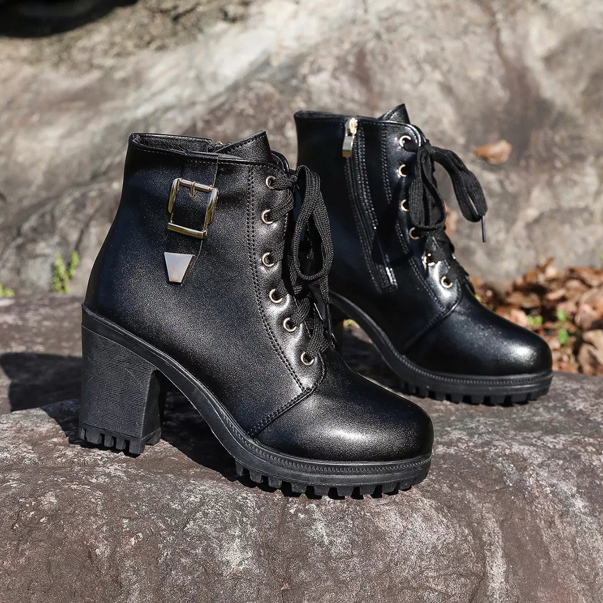 Lace Up Block Heels Boots