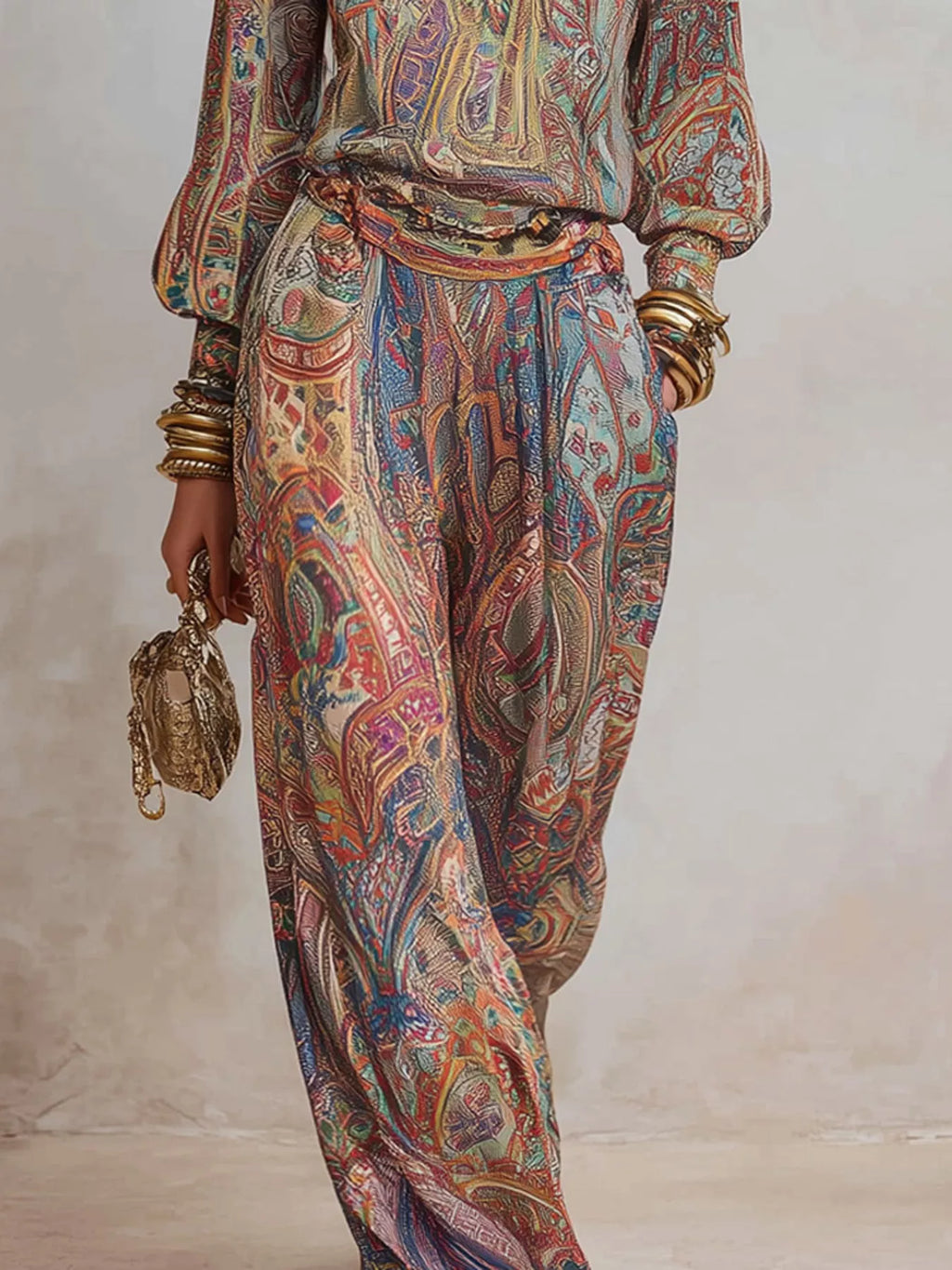 Paisley Print Long Sleeve Top and Pants Set
