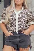 Black Plus Leopard Print Striped Color Block Trim Frilled V Neck Short Sleeve Blouse