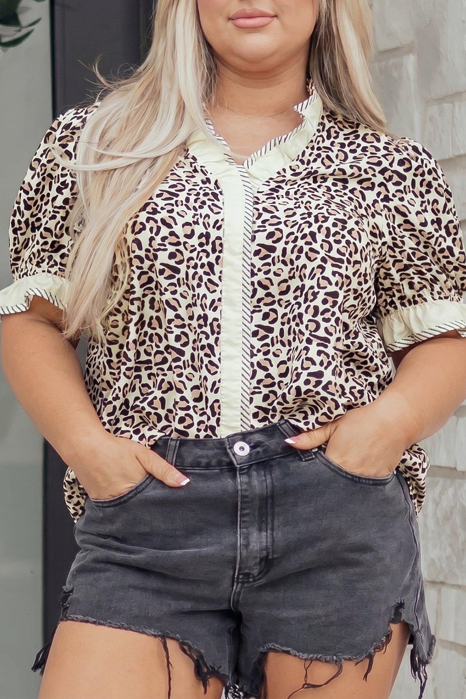 Black Plus Leopard Print Striped Color Block Trim Frilled V Neck Short Sleeve Blouse