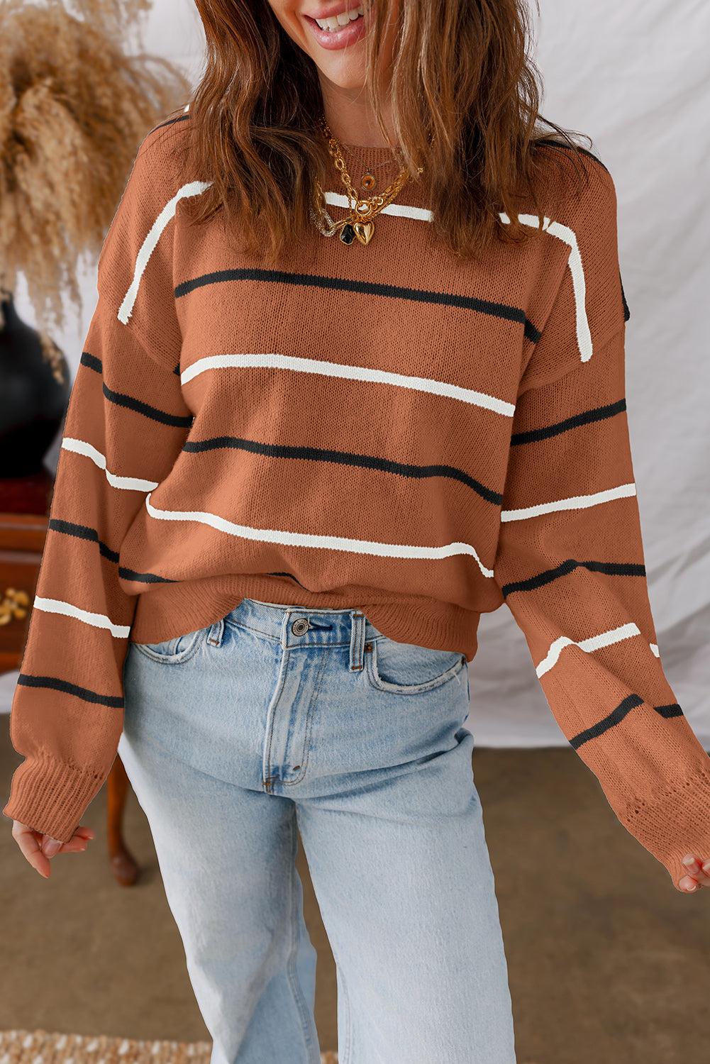 Stripe Ribbed Trim Drop Shoulder Sweater