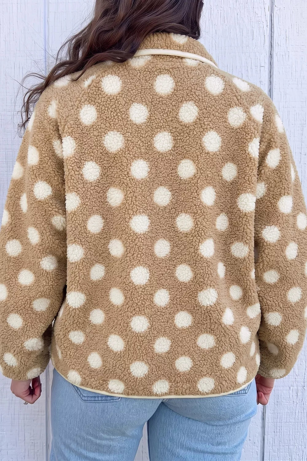 Polka Dot Faux Fur Metal Button Placket Shift Silhouette Jacket