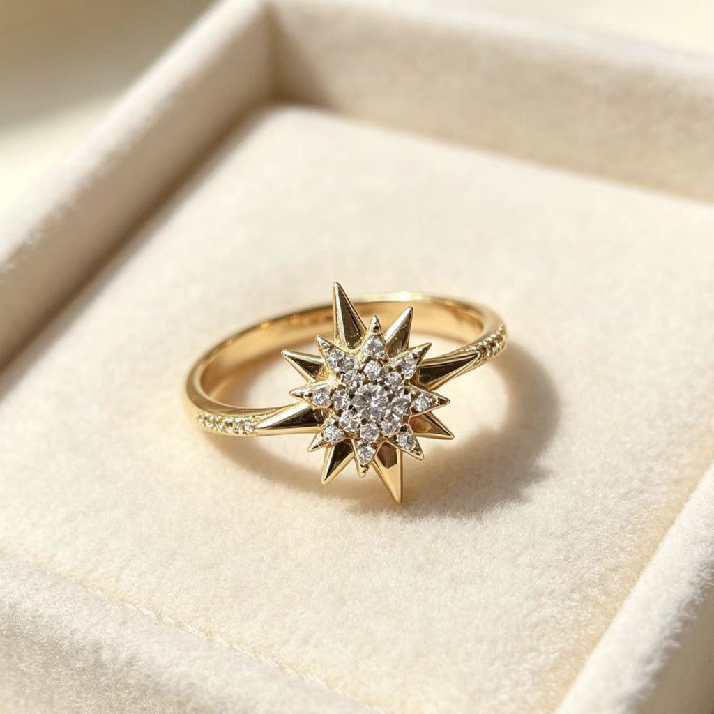 Sunflower-Gilded Five-Pointed Star Zircon Womens Ring