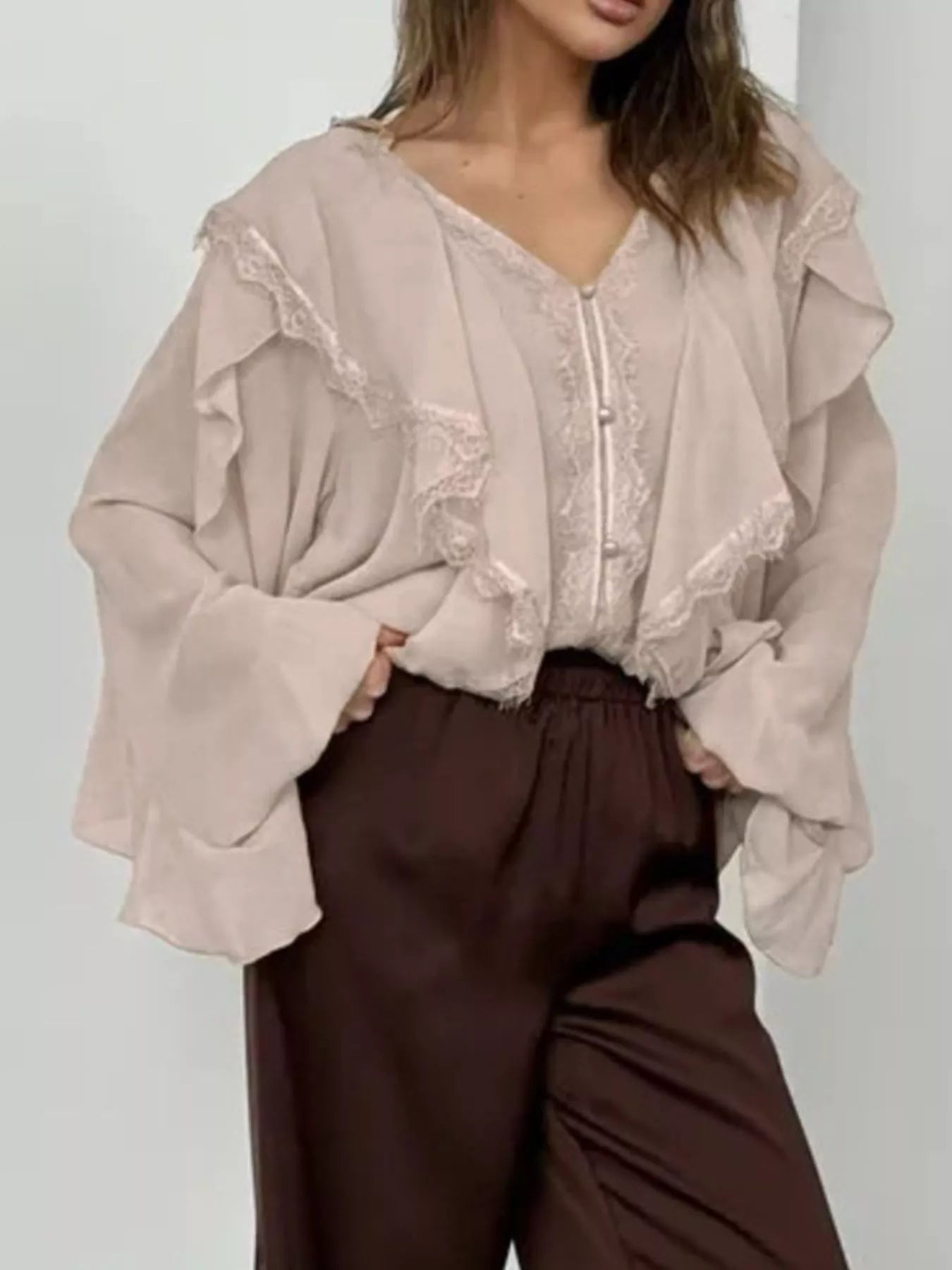 V-Neck Ruffled Lace Trim Blouse
