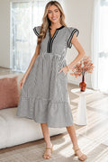 Black Stripe Double Ruffled Short Sleeve Contrast Trim V Neck Midi Dress