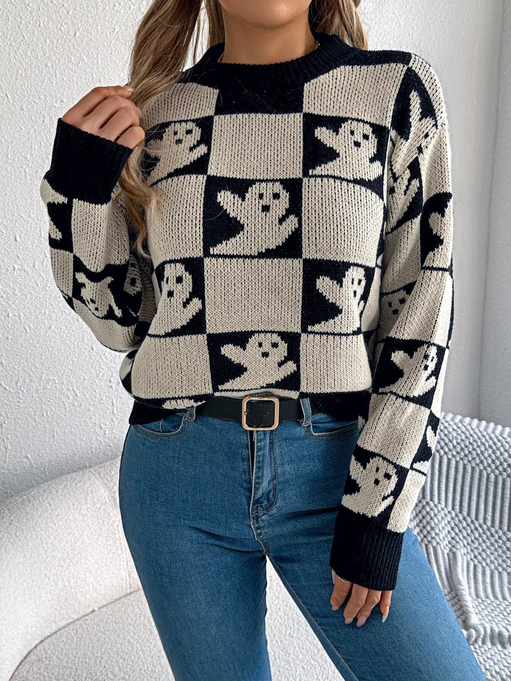 Halloween Ghost Pattern Checkered Round Neck Sweater