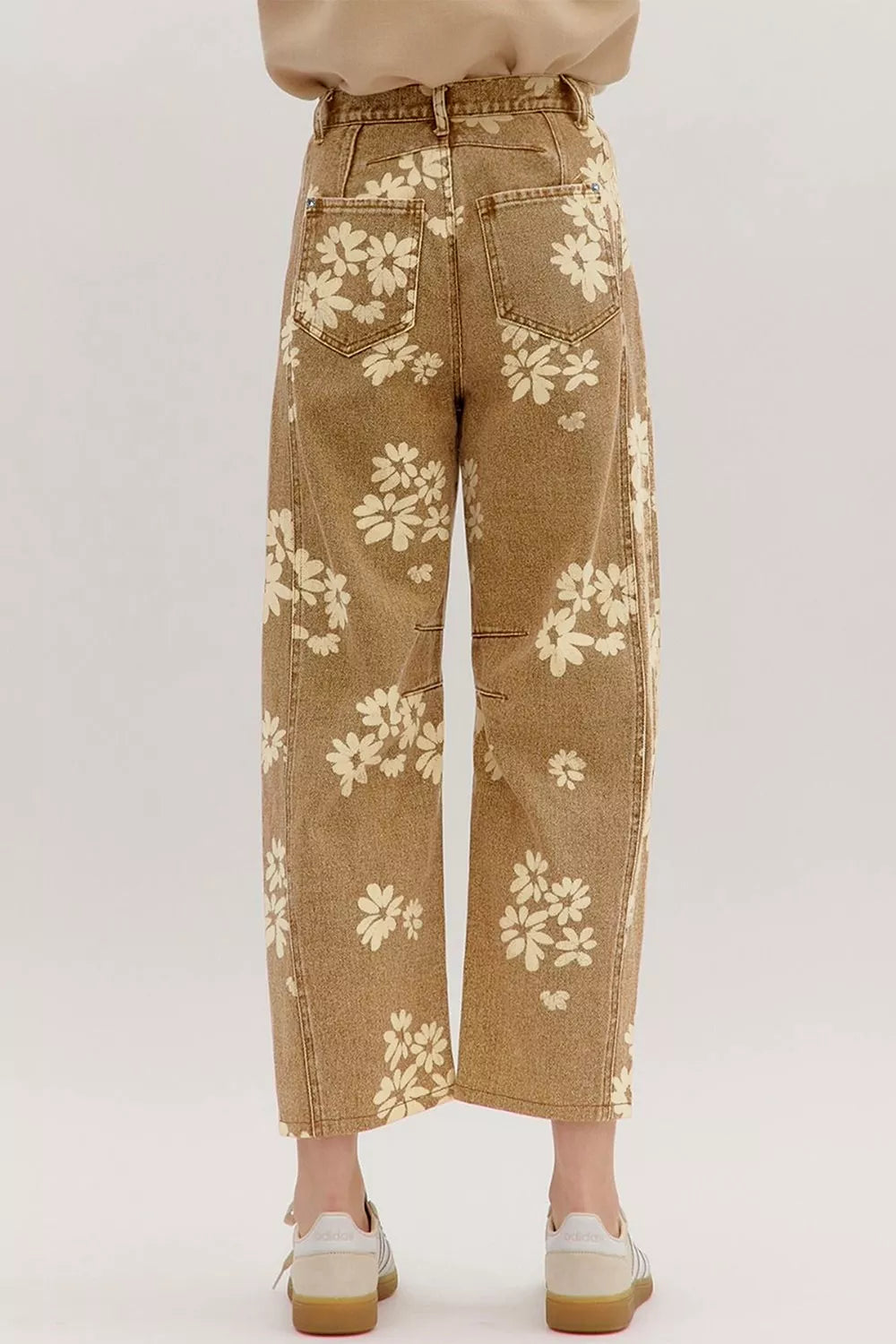 Floral Print Metal Button Pleated Straight Leg Jeans
