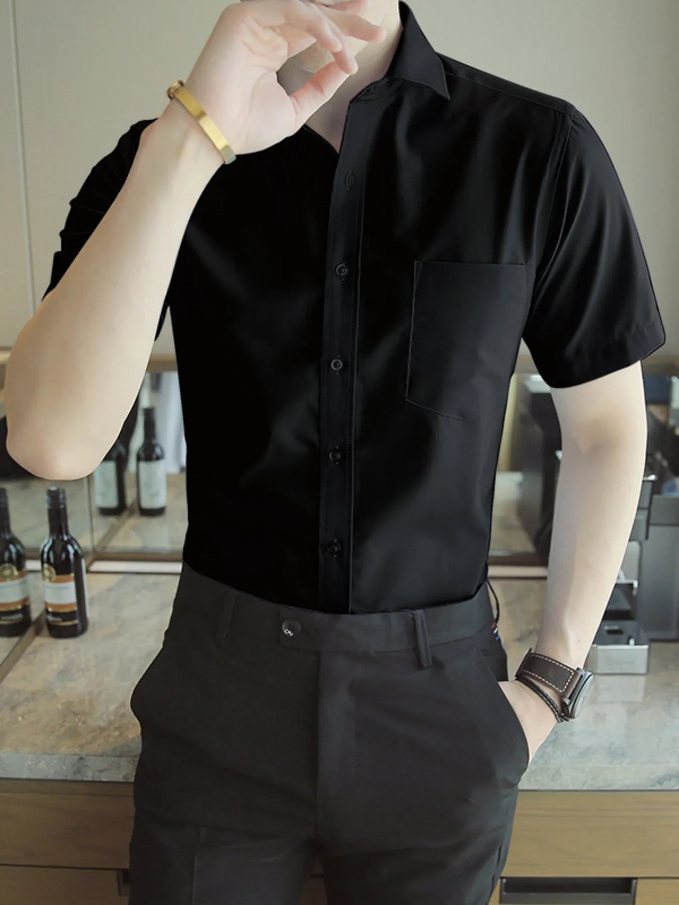 Men's Short Sleeve Solid Color Slim Fit Casual Shirt
