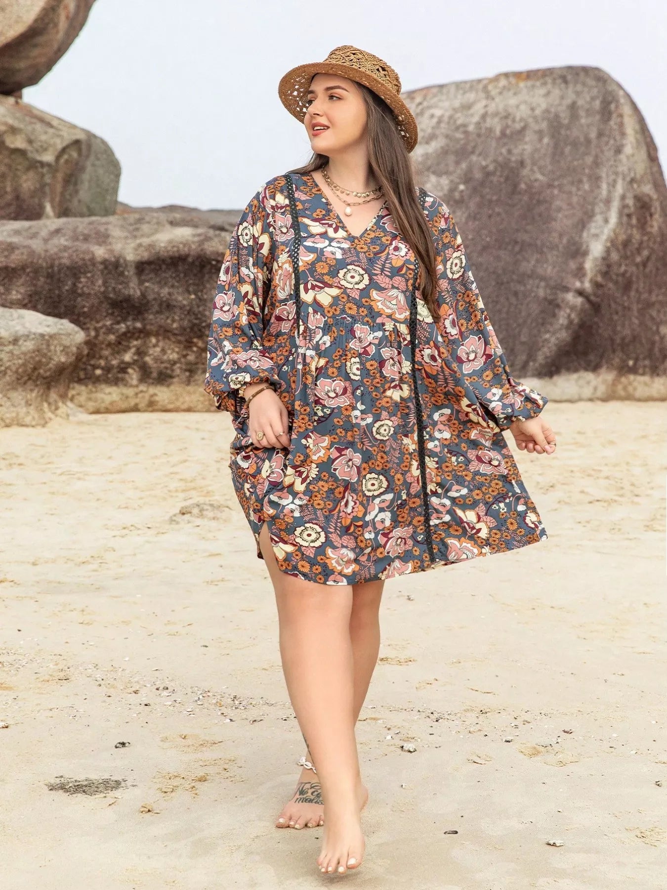 Floral Print Long Sleeve Mini Dress