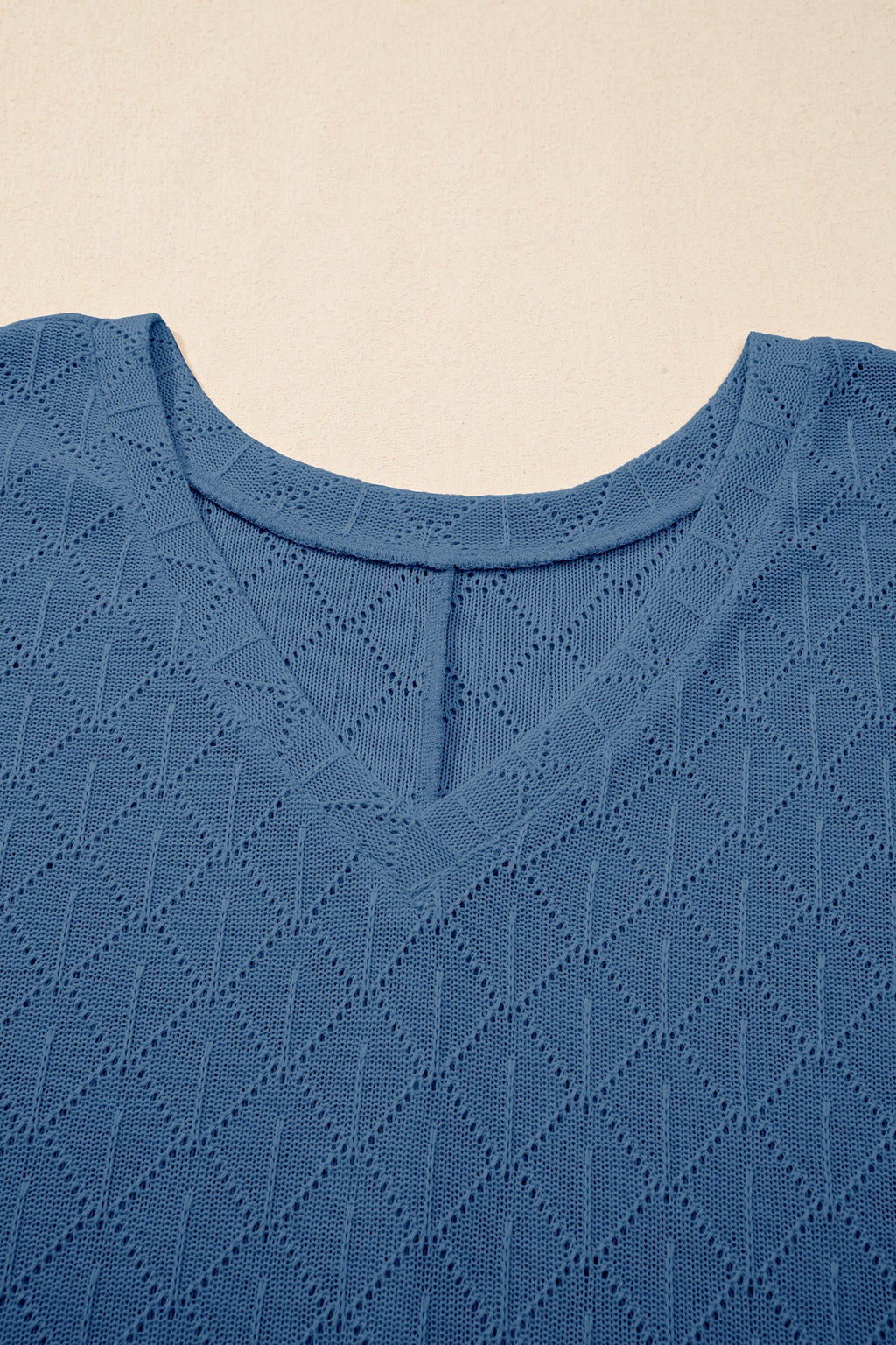 Sky Blue Pointelle Rhombus Knit Plus Size V Neck Loose Top