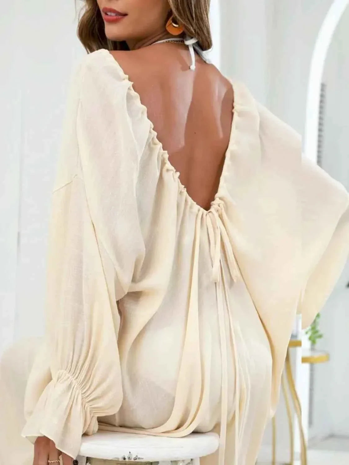 Backless Drawstring Back Flounce Sleeve Beach Cover-Up