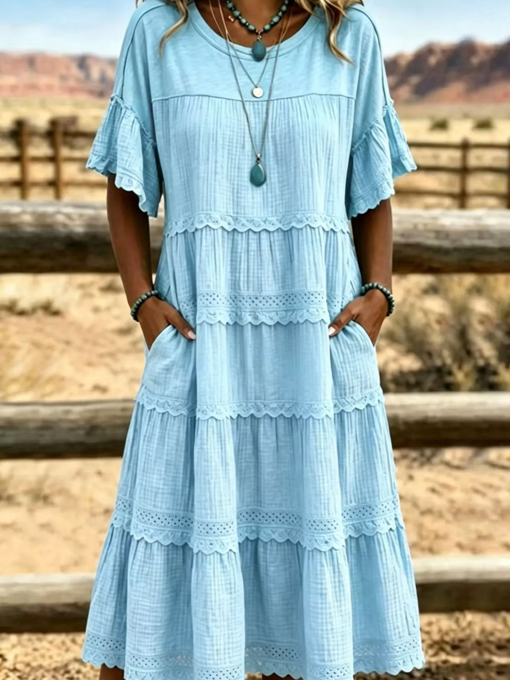 Full Size Tiered Ruffle Sleeve Midi Dress with Pockets Plus Size