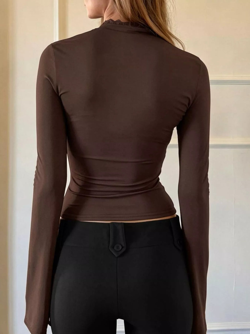 Lace-Trimmed Keyhole Long Sleeve T-Shirt