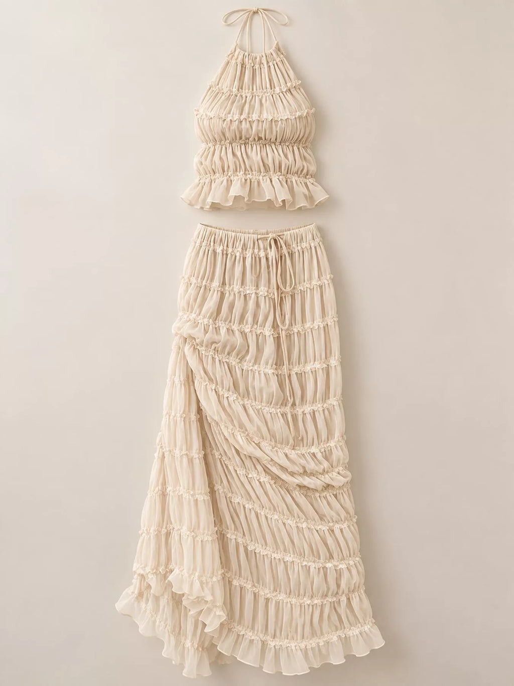 Boho Chic Ruffled Halter Crop Top and Maxi Skirt Set