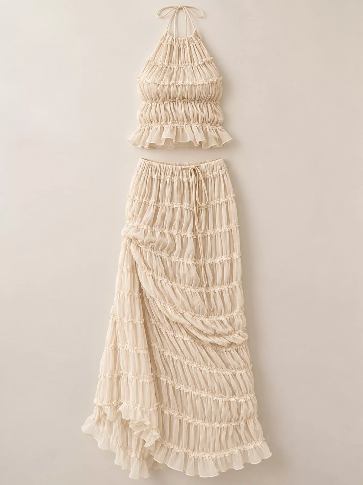Boho Chic Ruffled Halter Crop Top and Maxi Skirt Set