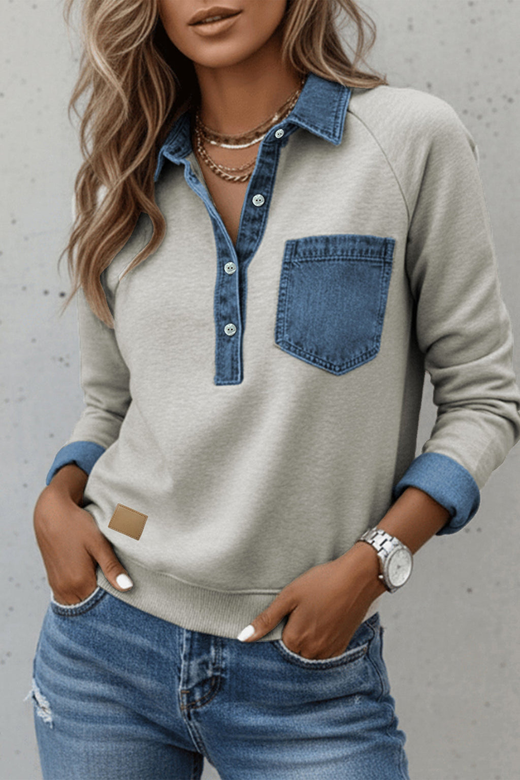 Gray Denim Collar Patchwork Long Sleeve Pullover Top