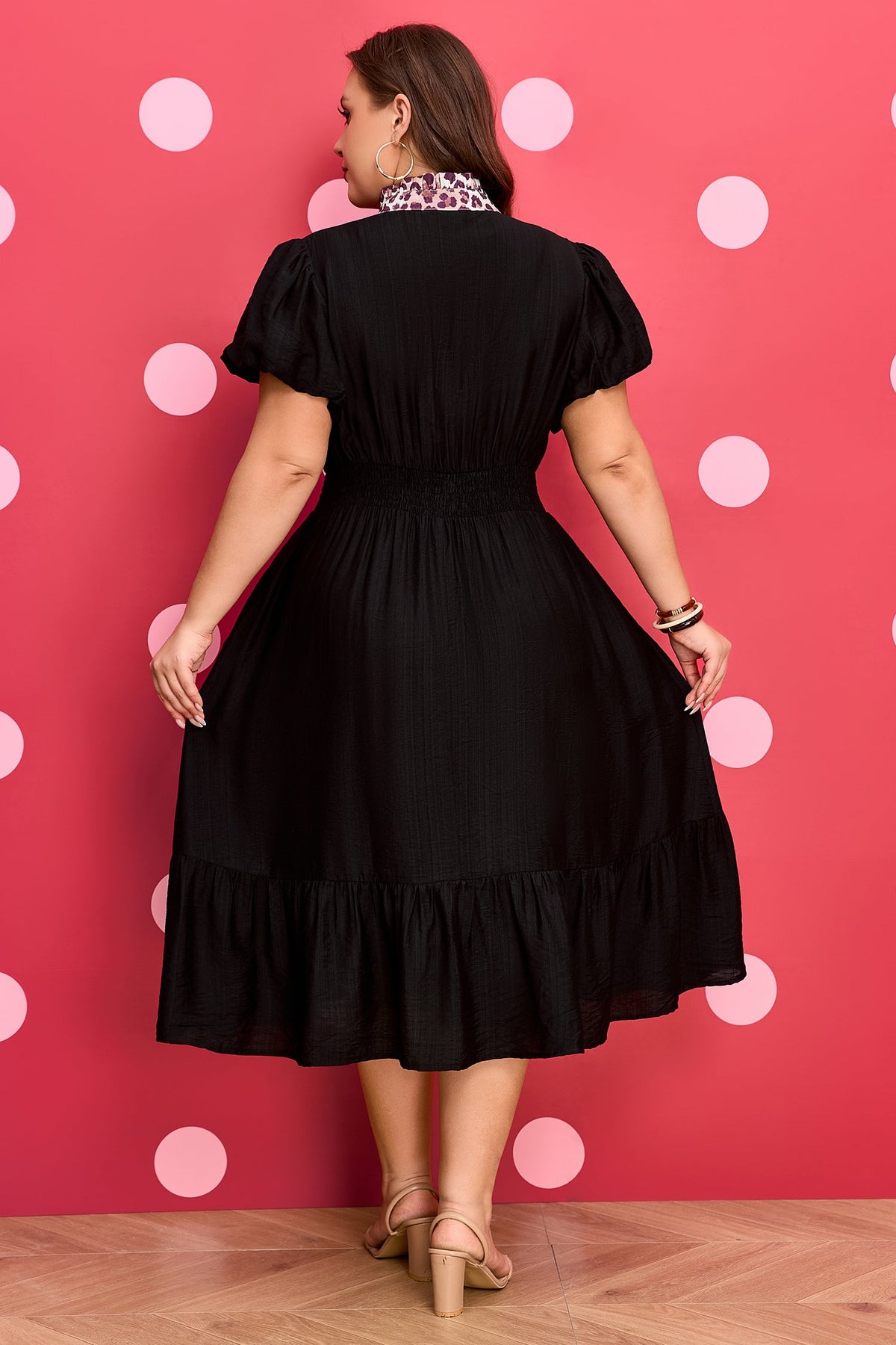 Plus Size Leopard Ruffle V-Neck Smocked Waist Dress