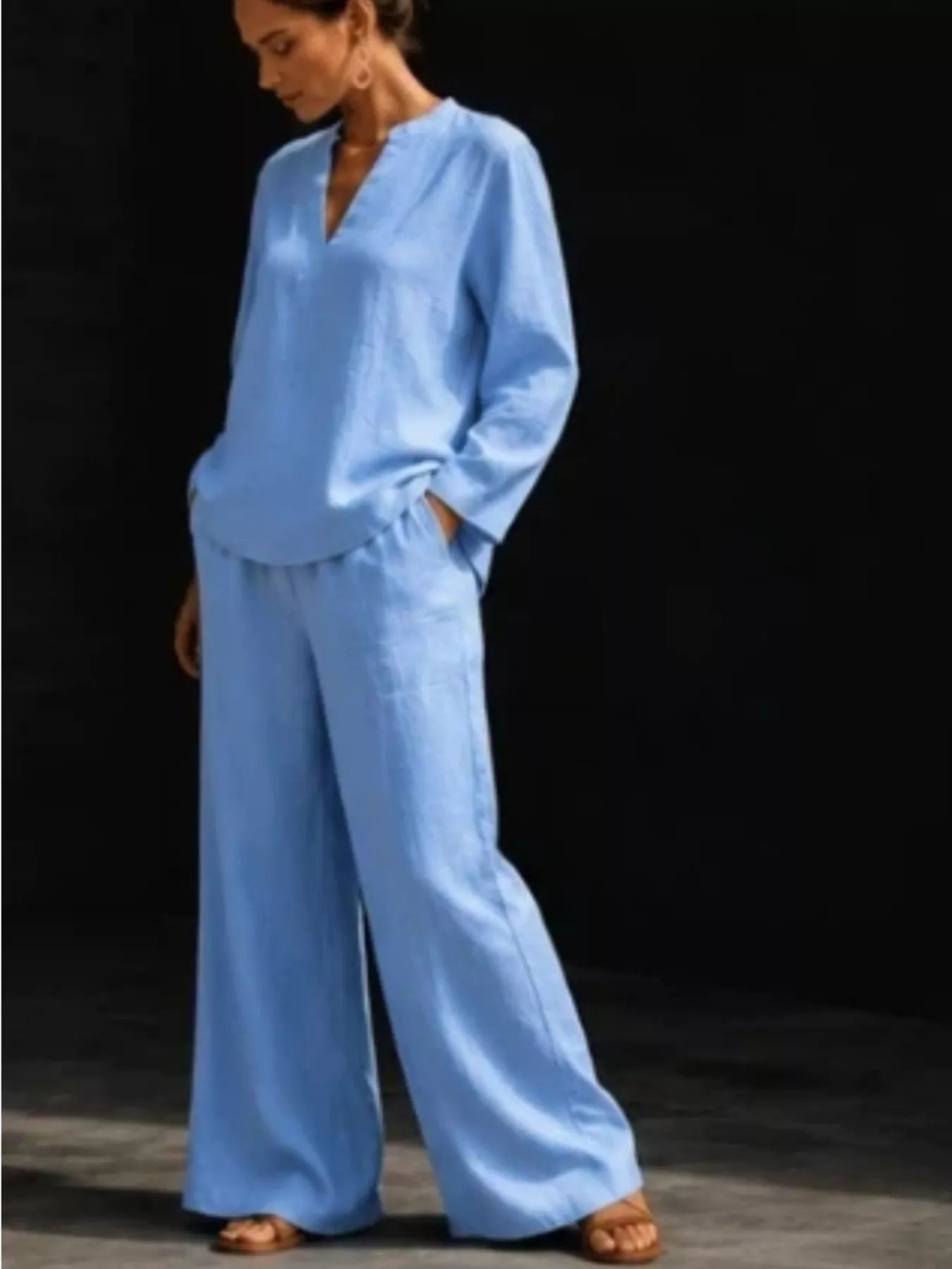 Notched Long Sleeve Top and Pants Set
