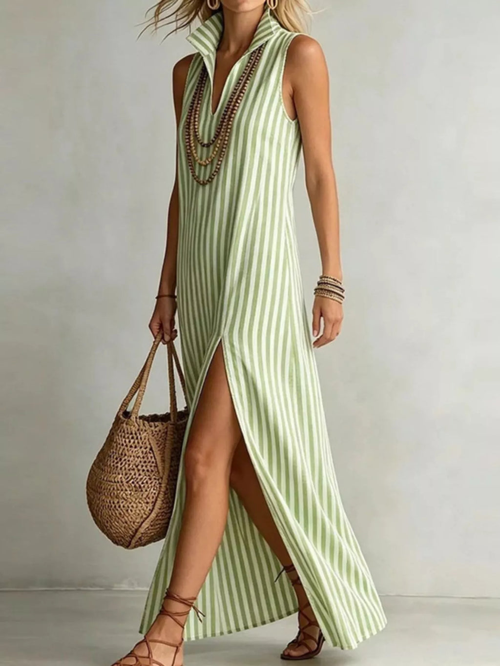 Full Size Striped Maxi Dress with High Slit Plus Size