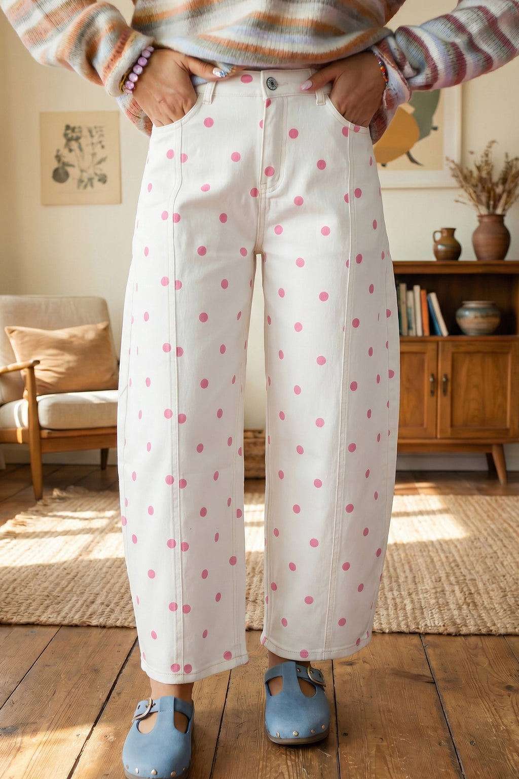 Pink Tailored Seam Polka Dot Print Ankle Length Casual Jeans