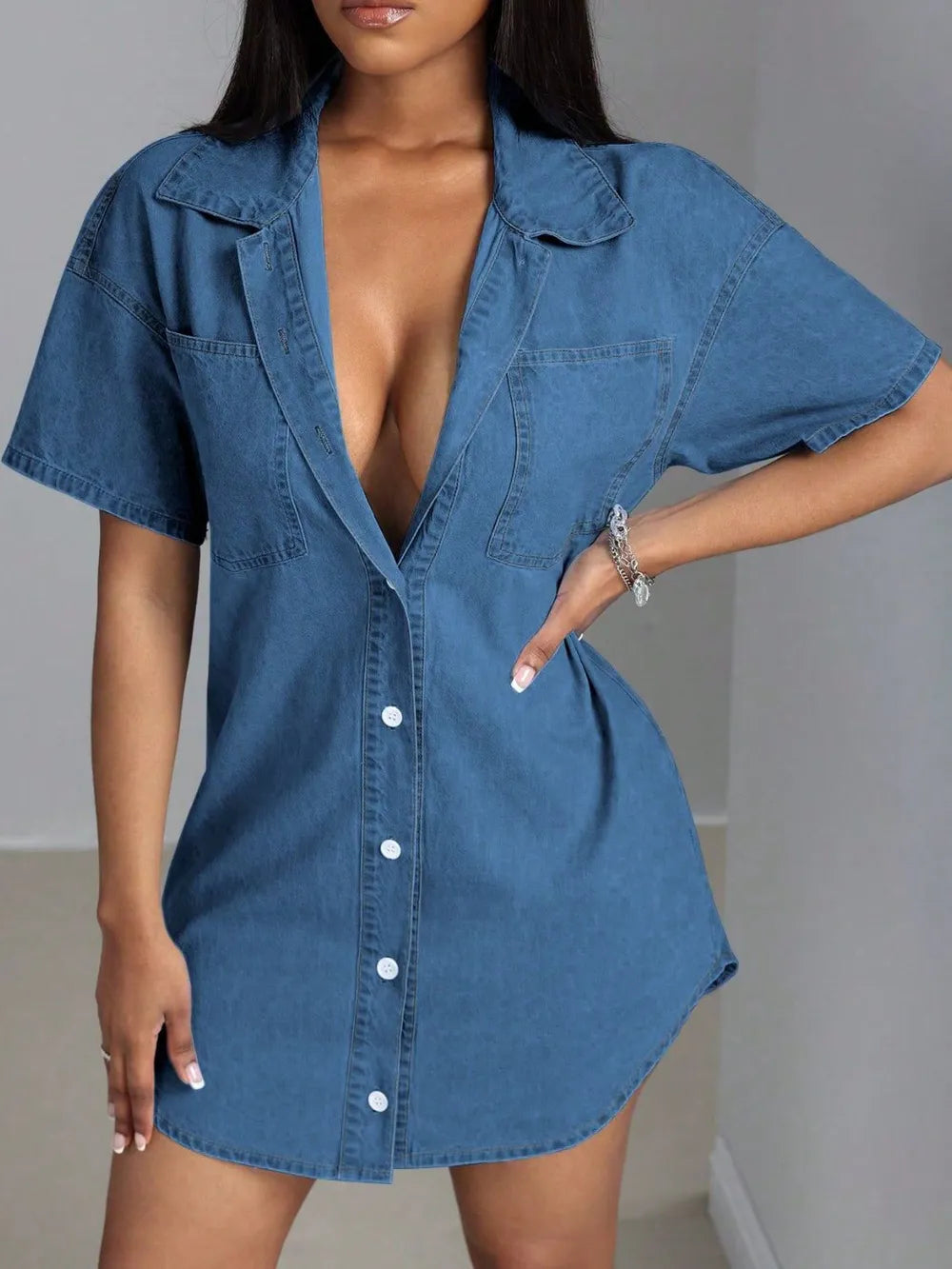 Button Down Collared Neck Denim Dress