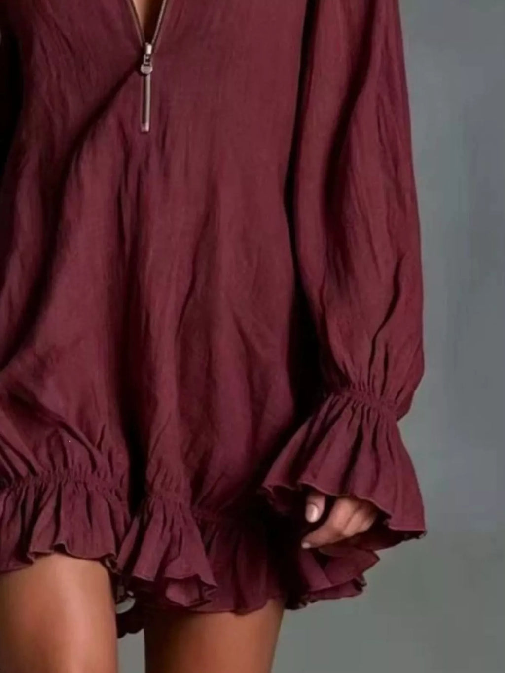Zipper Front Ruffle Hem Flounce Sleeve Mini Dress