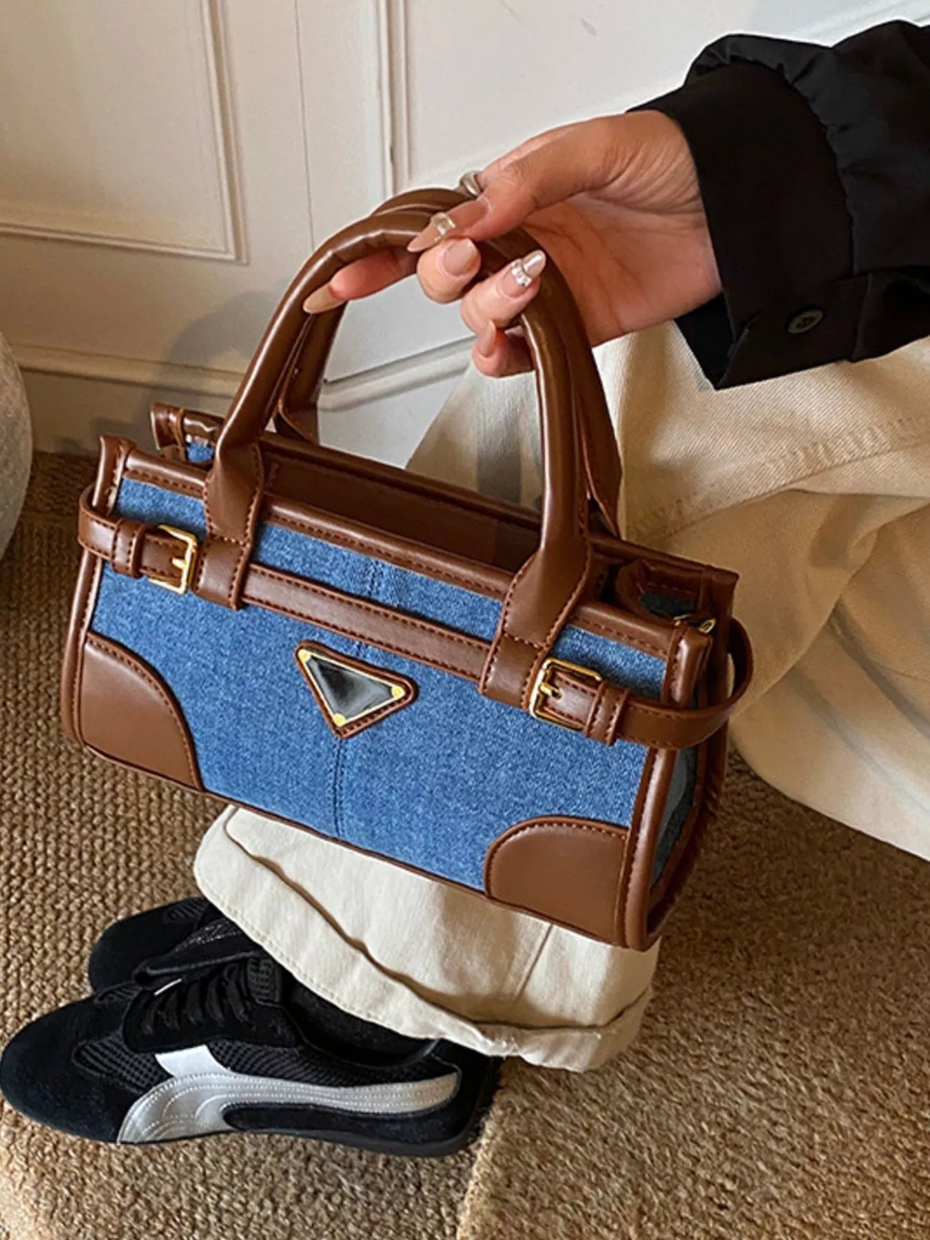 Denim Patchwork Buckle Decor Crossbody Bag