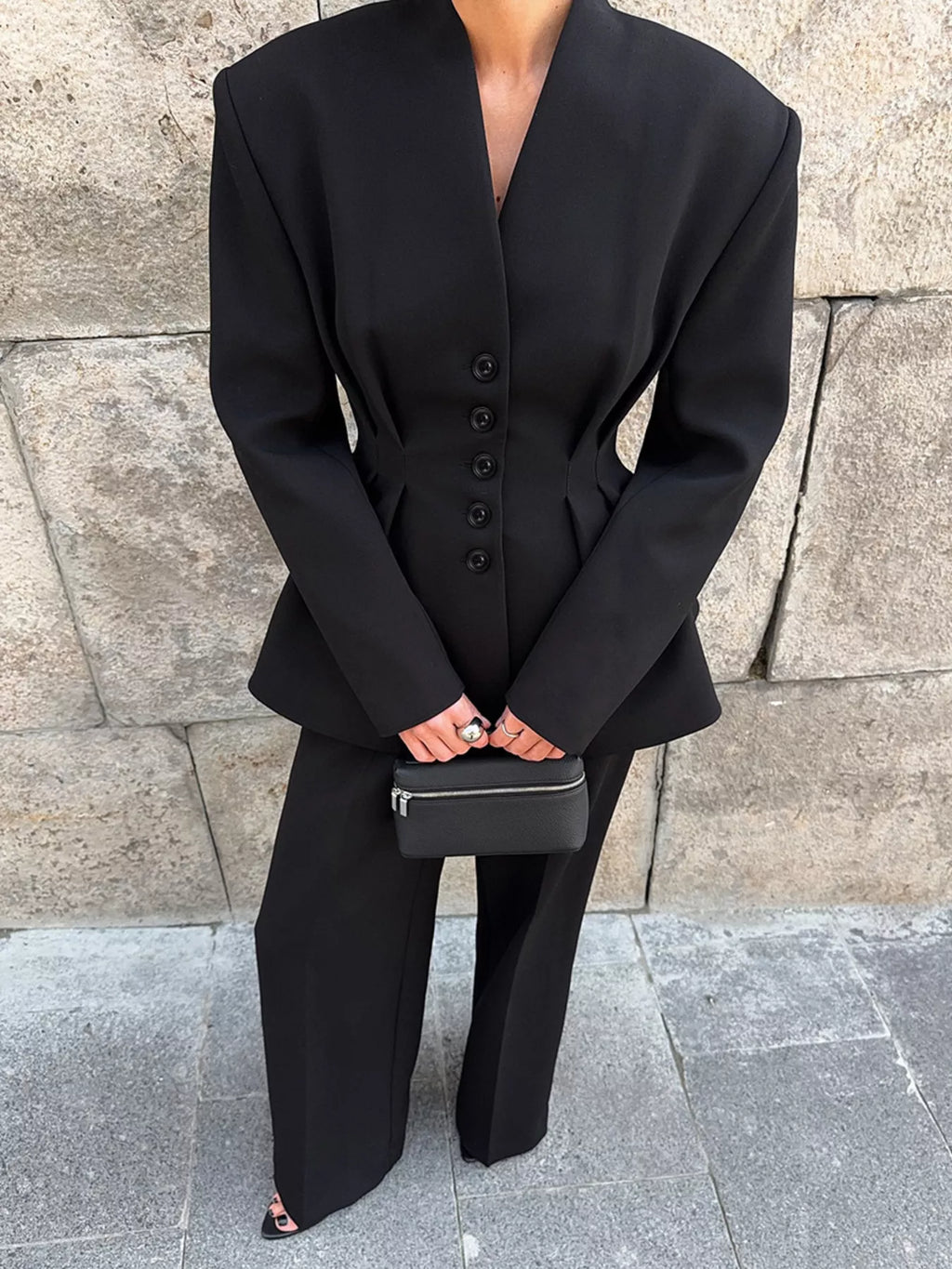 Chic Button Down Pleated Blazer and Wide-Leg Pants Suit Set