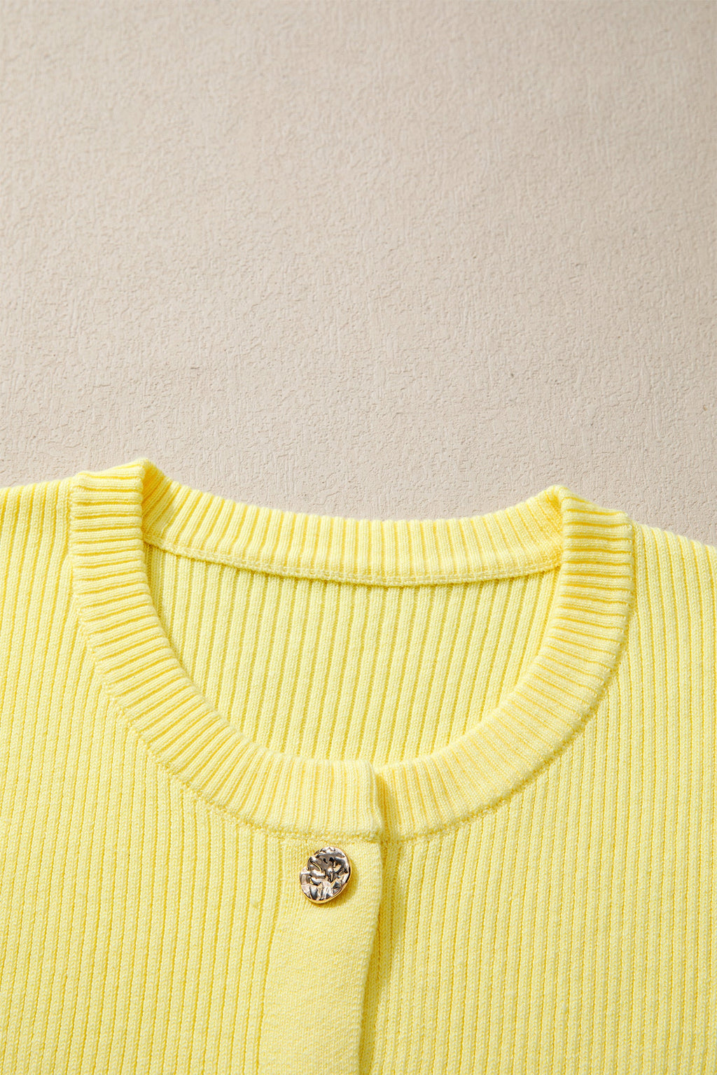 Yellow Cream Ribbed Knit Contrast Frilled Short Sleeve Sweater Cardigan
