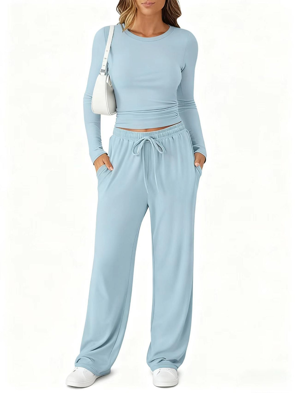 Amazon 2025 New European And American Style Slimming Waist-Cinching Fashionable Casual Suit Sports Yoga Spring And Summer Round Neck Long-Sleeved Women's Clothing