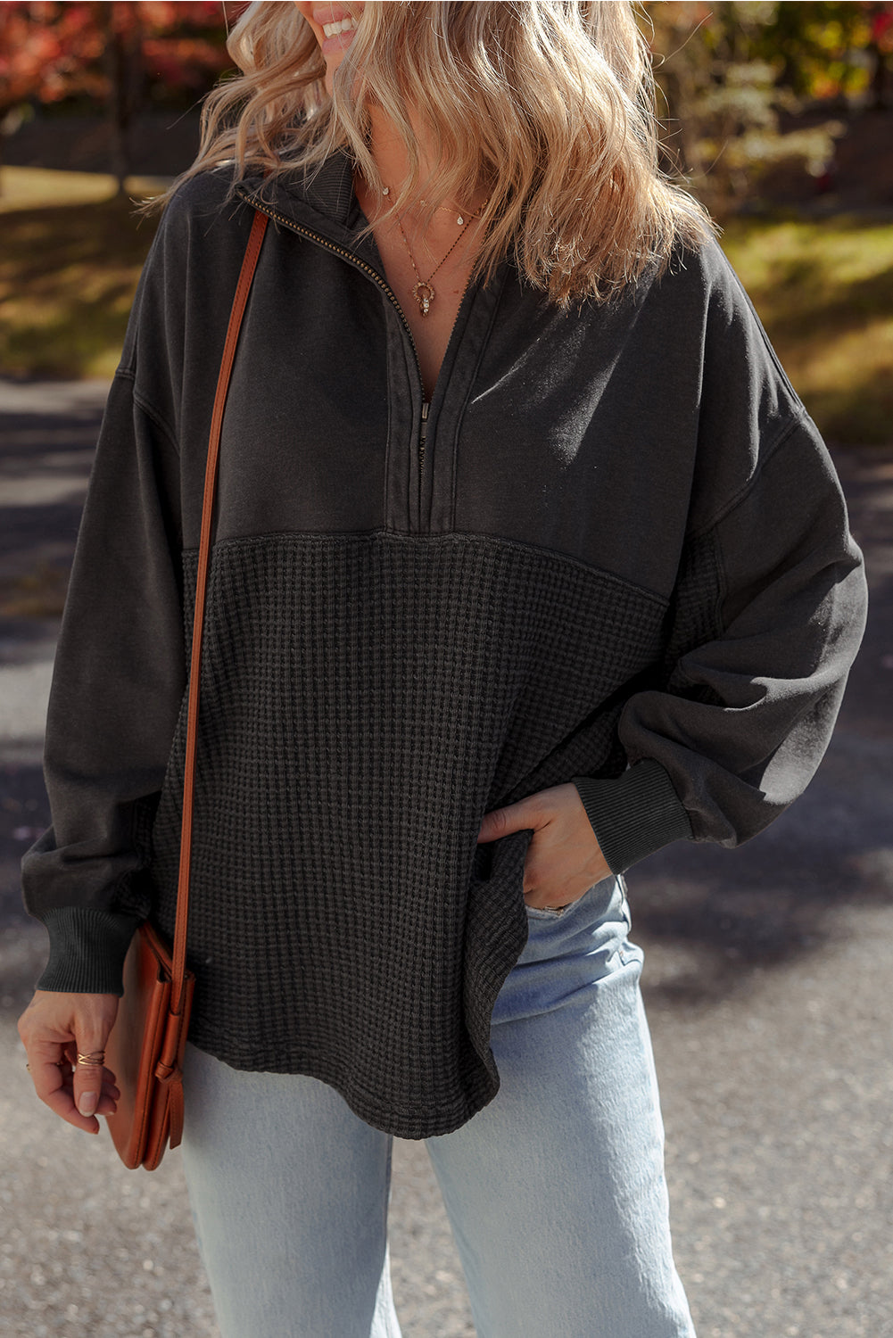 Carbon Grey Waffle Knit Patchwork Half Zipped Casual Sweatshirt