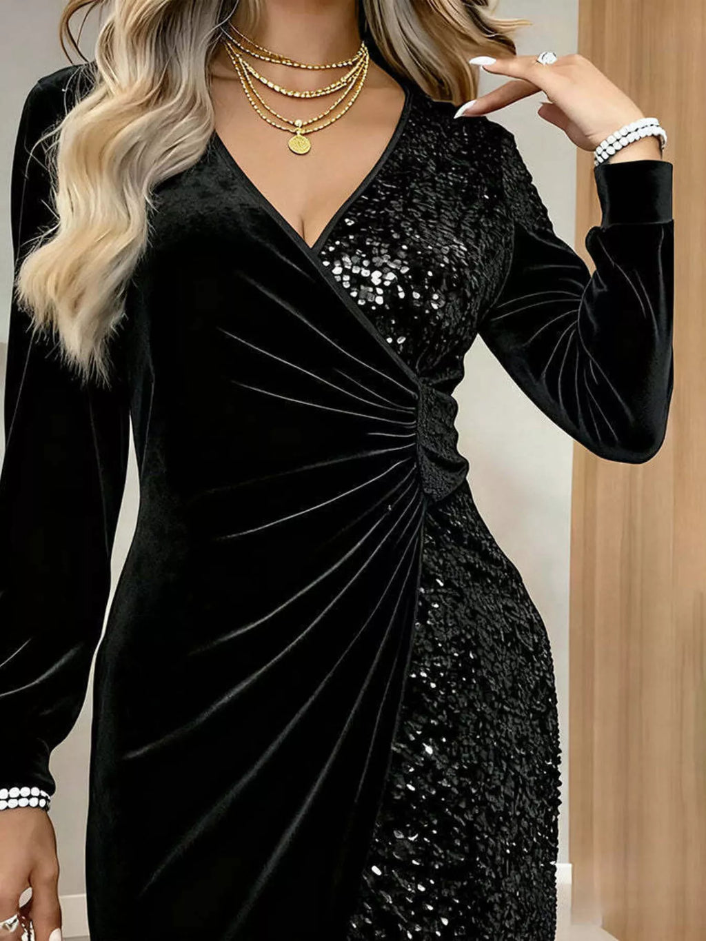 Velvet Sequin Long Sleeve Wrap Dress