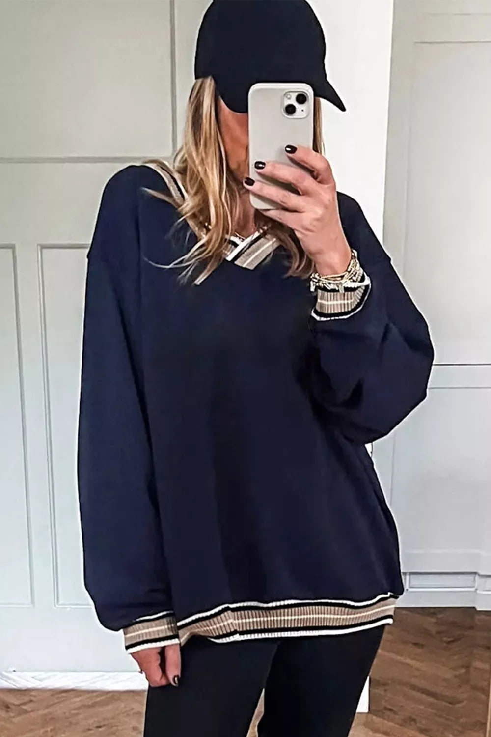 Contrast Striped Trim V Neck Sweatshirt