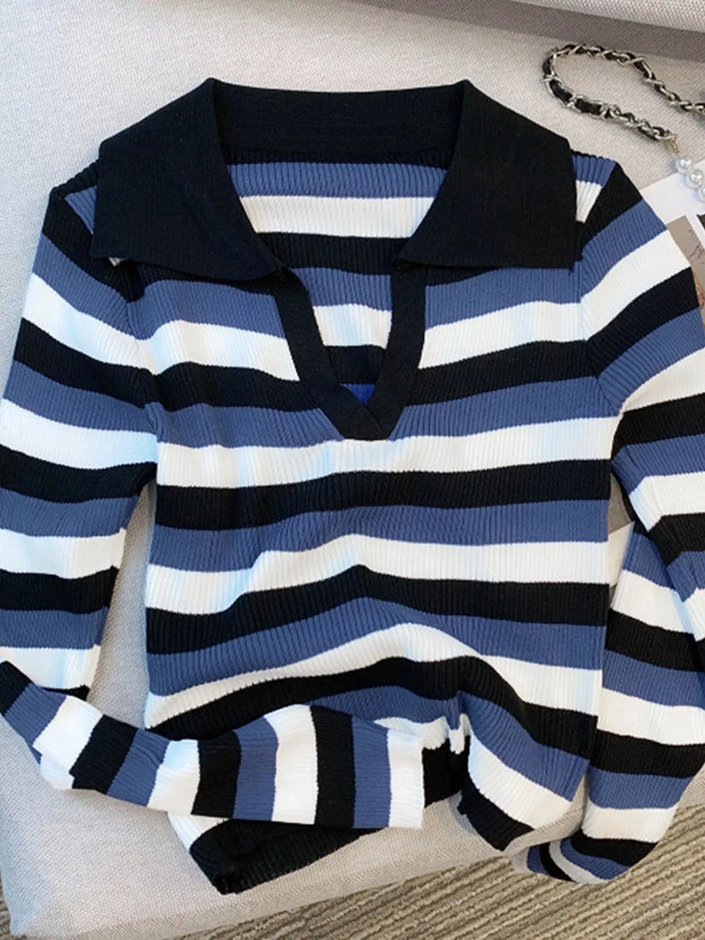 Striped Collared Cropped Knit Top