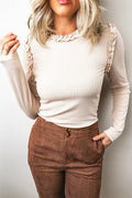 Solid Color Round Neck Frill Detail Long Sleeve Top