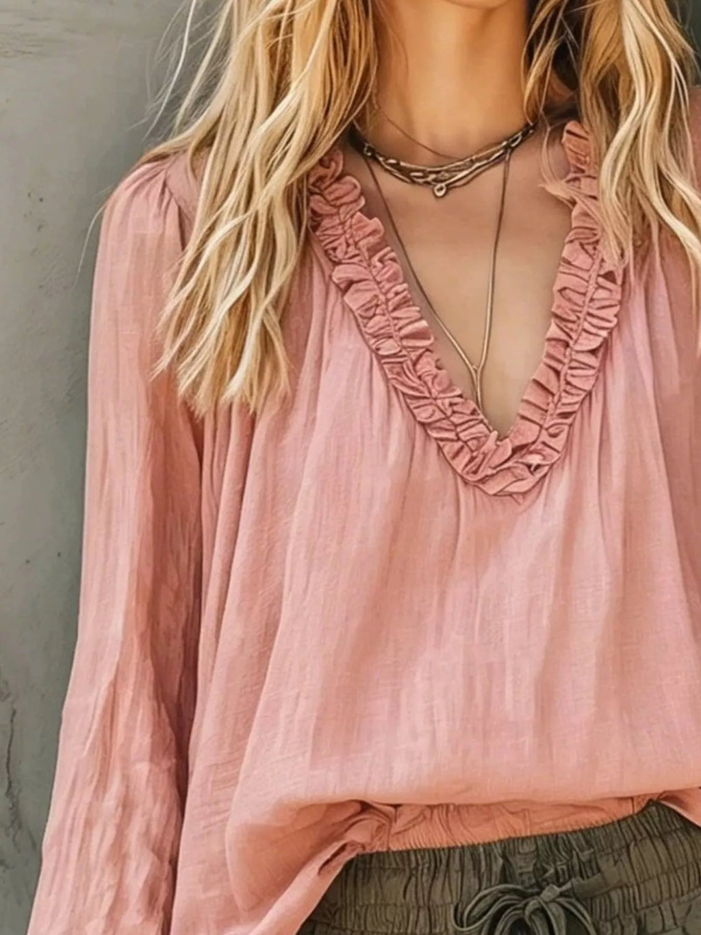 Frill V-Neck Long Sleeve Blouse