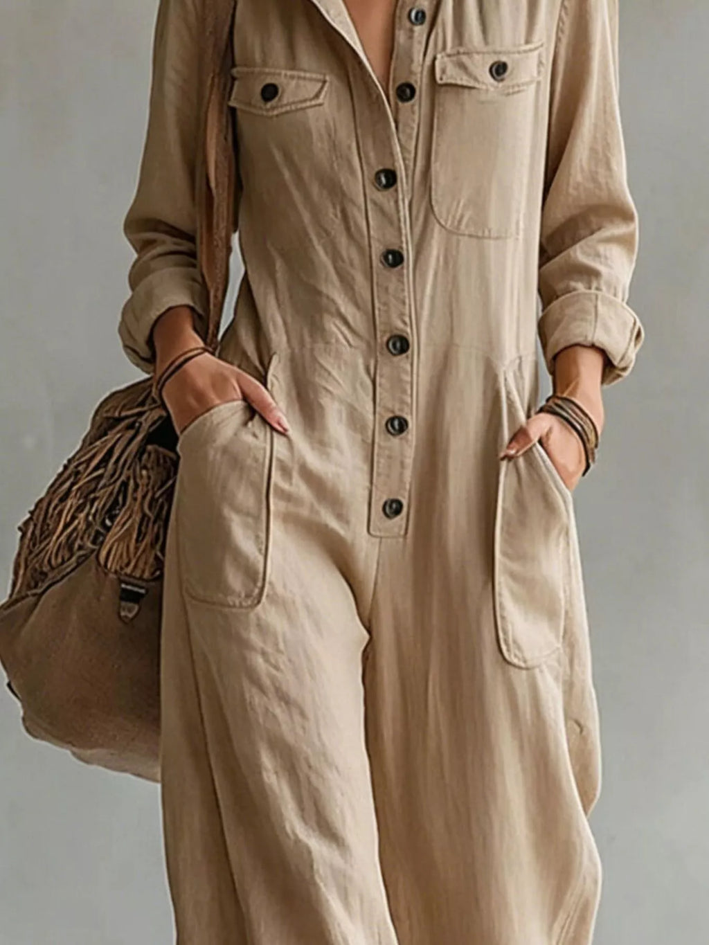 Full Size Long Sleeve Button Front Jumpsuit Plus Size