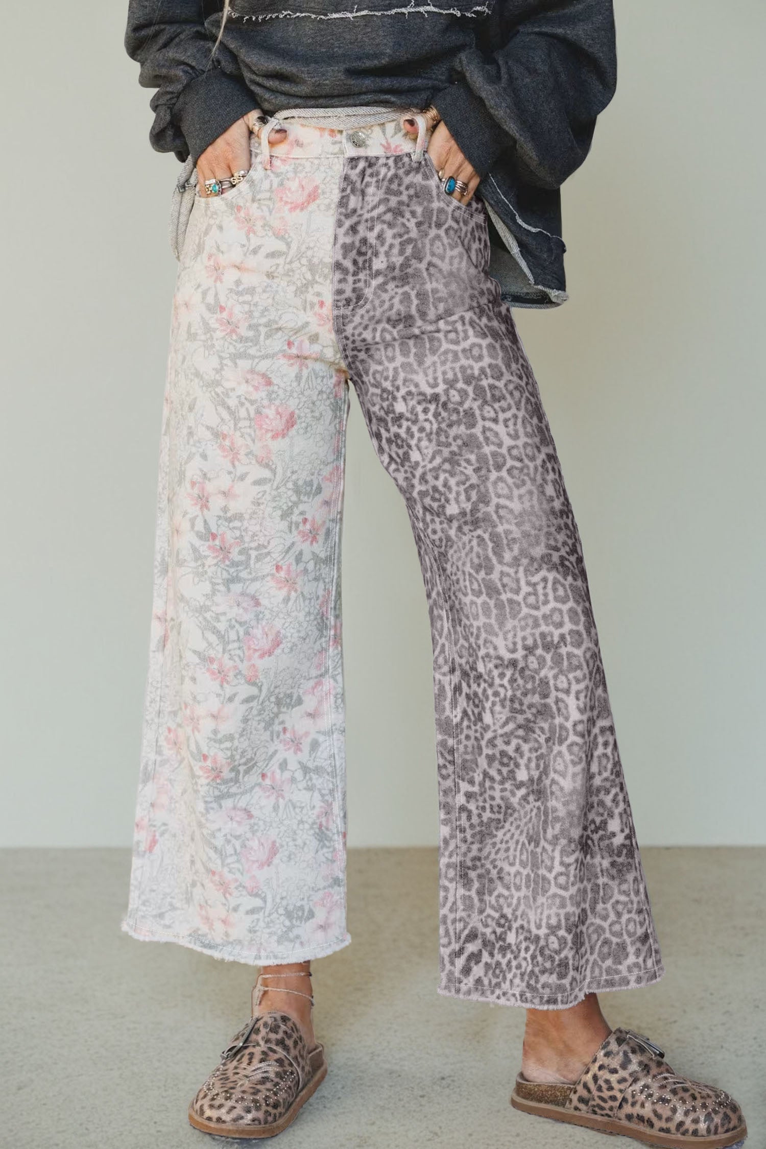Multicolour Retro Floral Leopard Contrast Patchwork Raw Hem Jeans