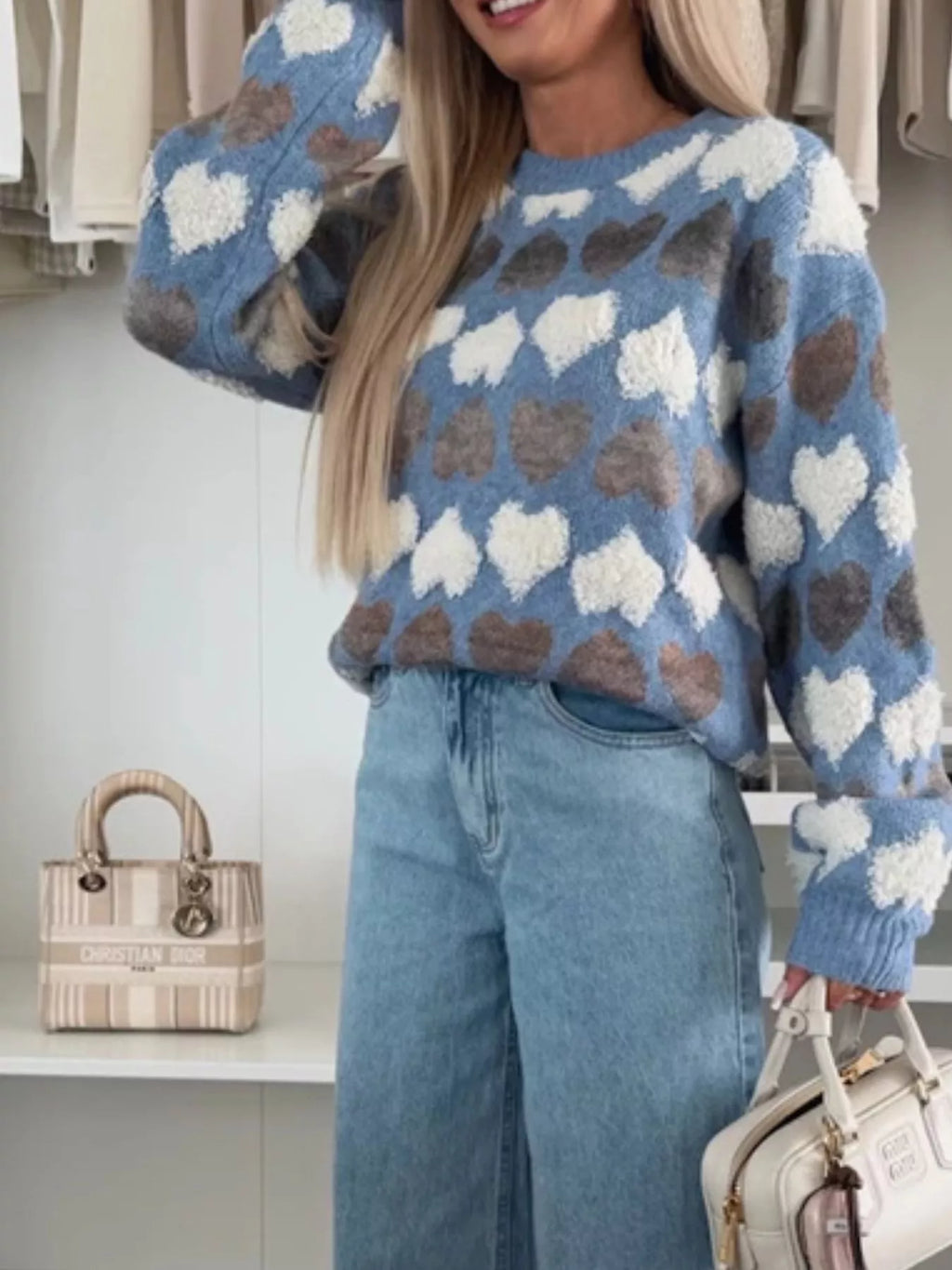 Heart-Patterned Round Neck Sweater