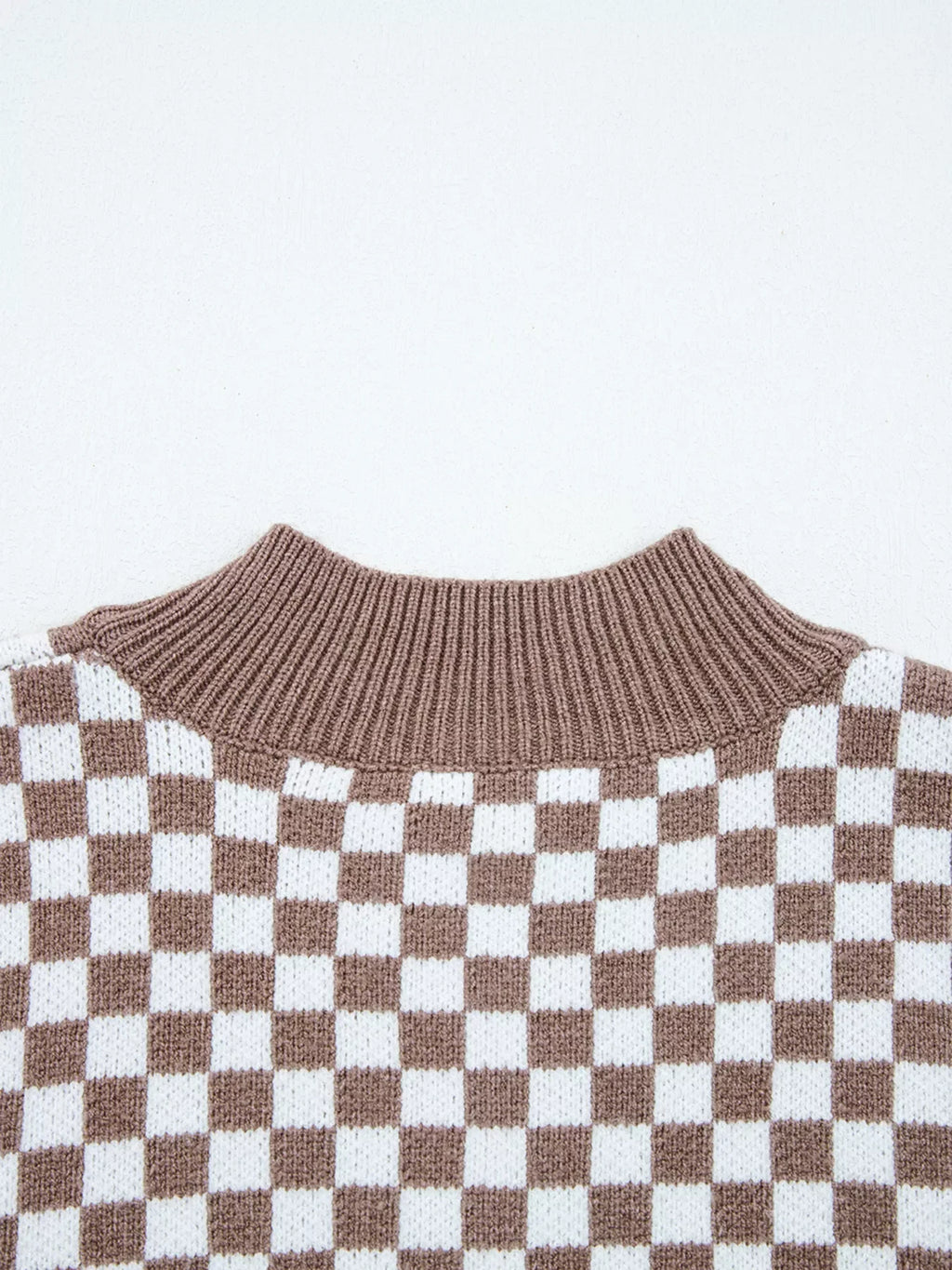 Half Button Ribbed Trim Checkerboard Knit Sweater