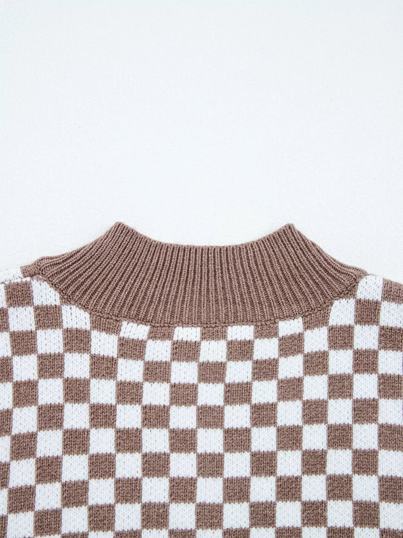 Half Button Ribbed Trim Checkerboard Knit Sweater