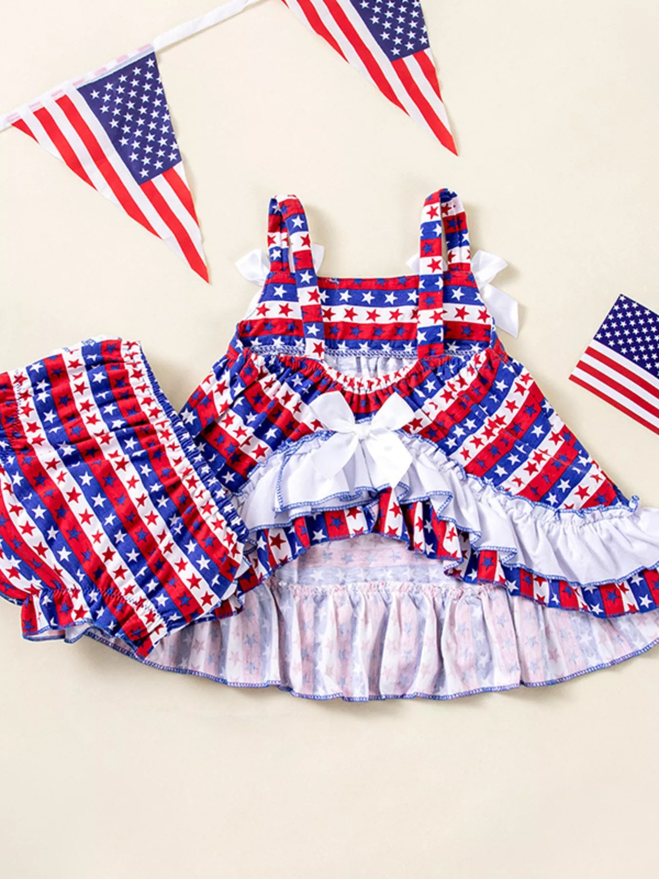 Children's Patriotic Star-Spangled Ruffled Dress and Shorts Set