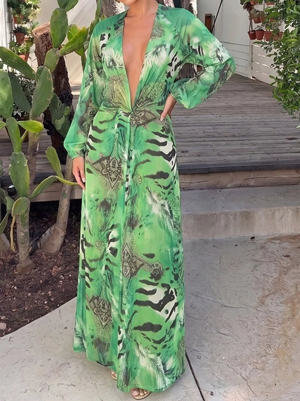 Deep V-Neck Long Sleeve Printed Maxi Dress